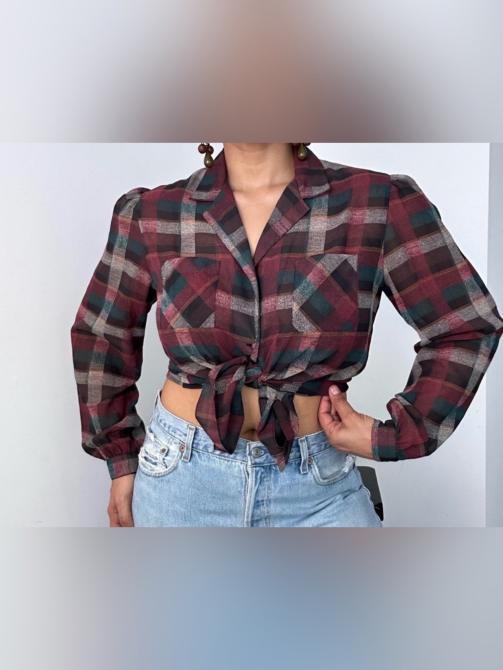 VTG 90s Sheer Plaid Blouse Burgundy Green Button Up Grunge Office Shirt L